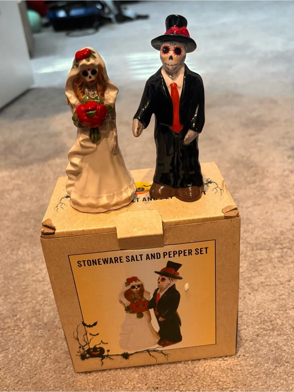 Stoneware Day of the Dead Bride & Groom Salt and Pepper Set - White and Black
